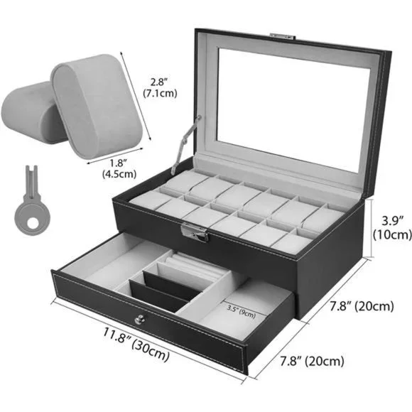 Leather Watch Box 12 Mens Watch Organizer with Jewelry Display Drawer Lockable - Picture 3 of 6